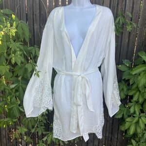 NWT Anthropologie Duster Kimono Lace Sparkle Embroidered White Sz M/L Angelcore